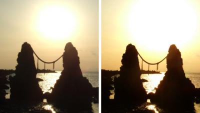香南市夜須 夫婦岩からの夕日 平行法3D立体写真