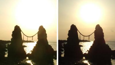 香南市夜須 夫婦岩からの夕日 交差法3Dステレオ写真