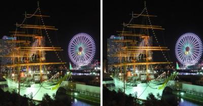 帆船日本丸のライトアップと大観覧車(横浜) 平行法3Dステレオ写真