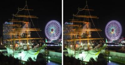 帆船日本丸のライトアップと大観覧車(横浜) 交差法3D立体写真