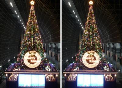 京都駅ビル 巨大クリスマスツリー 交差法3Dステレオ写真