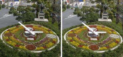 倉敷駅前の巨大花時計 平行法3Dステレオ立体写真