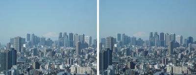 文京シビックセンターから新宿ビル群とうっすら富士山を望む 交差法ステレオ立体視３Ｄ写真