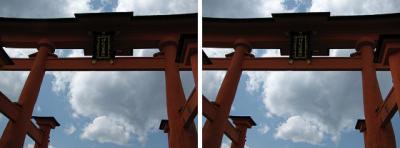 安芸の宮島 厳島神社の大鳥居を見上げる　交差法ステレオ立体視３Ｄ写真