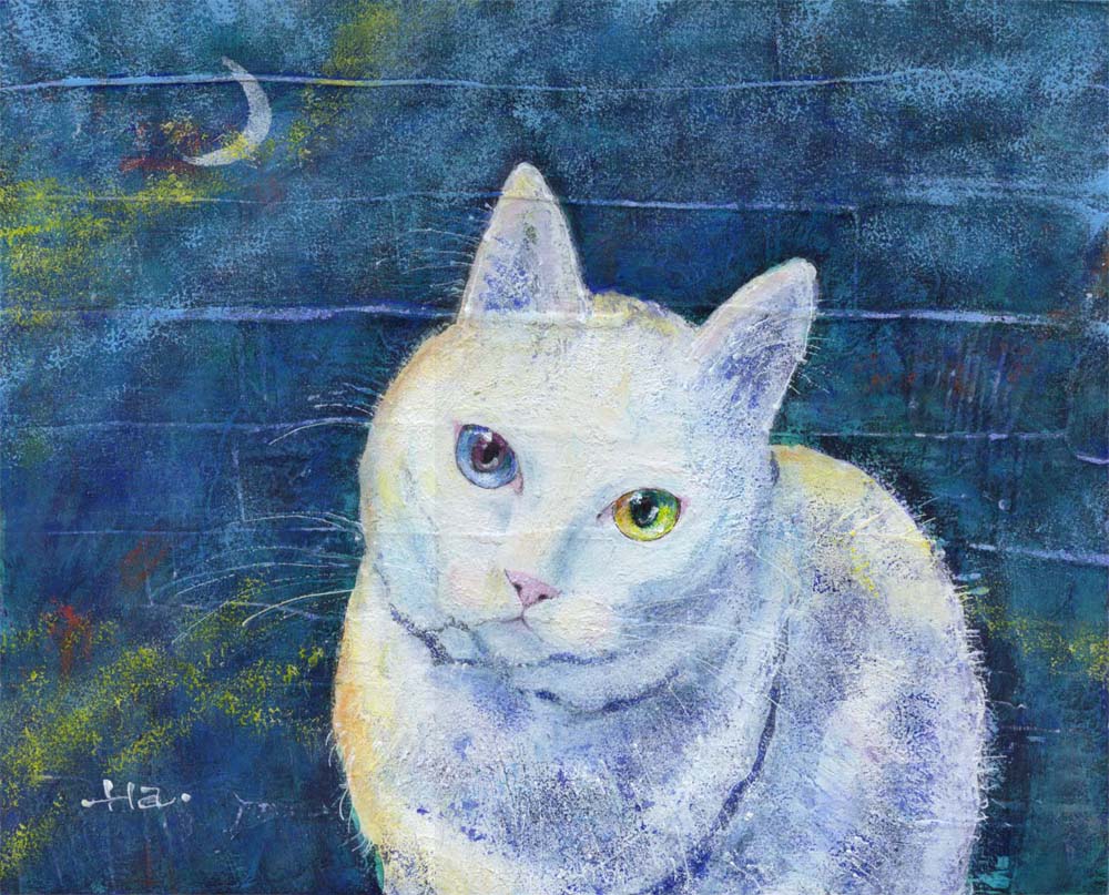 白猫その2、猫の肖像画アクリルで描く