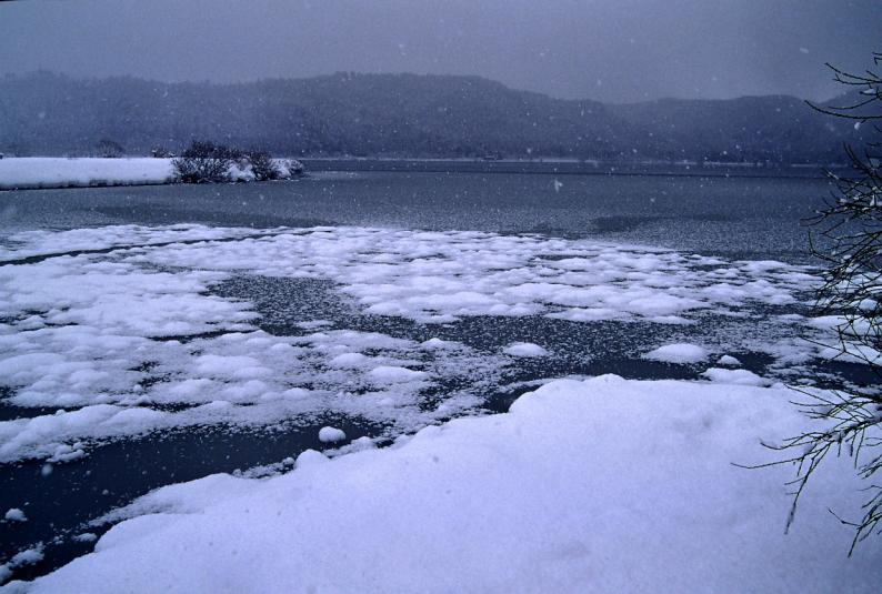 雪の余呉湖